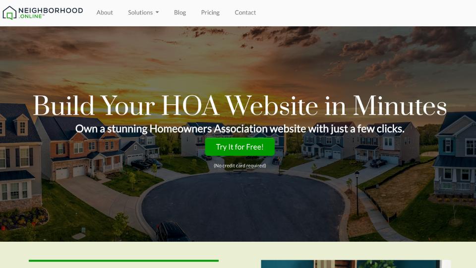 Neighborhood Online homepage banner with a sunset over a suburban neighborhood, promoting HOA websites.