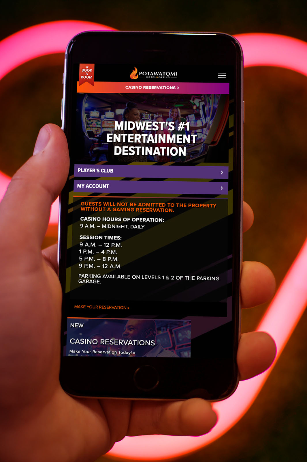 Potawatomi Casino Hotel Website on a Phone